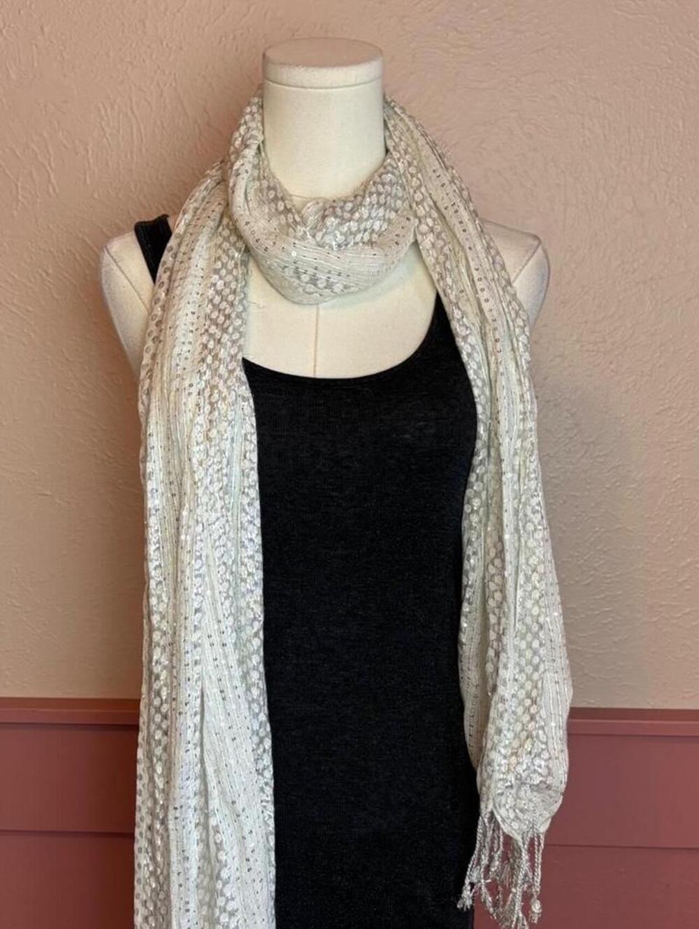 fringe white silver sequin long scarf y2k 2000s